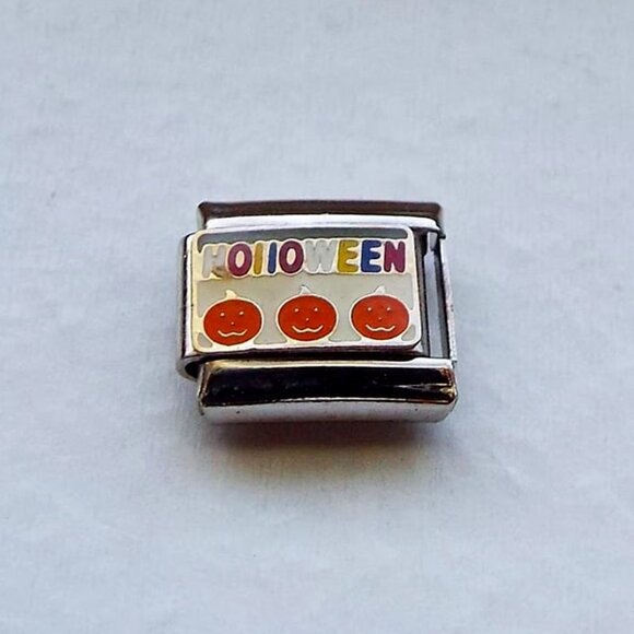 Holloween and pumpkins on white enamel 9mm stainless steel italian charm link - Picture 1 of 2